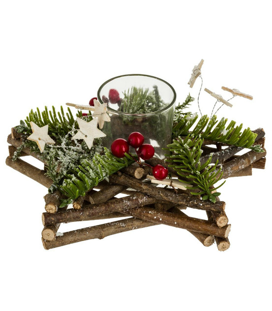 Bougeoir centre de table etoile en bois décoré noël & photophore en verre