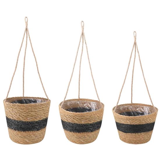 Lot pots cylindriques herbe marine intérieur décoration plantes succulentes 3pcs naturel noir