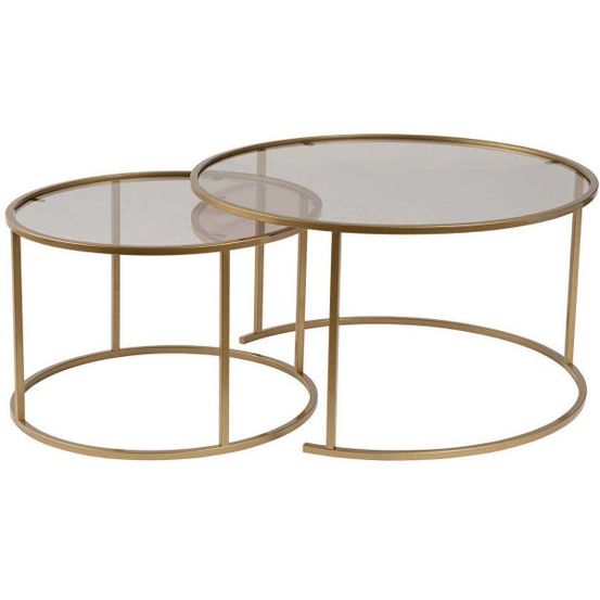 Ensemble de 2 tables gigognes rondes en métal et verre auruma doré avec verre br