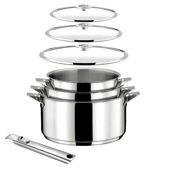 Eclipse - lot 7 pièces - casseroles 16, 18 et 20 cm, 3 couvercles et poignée amovible