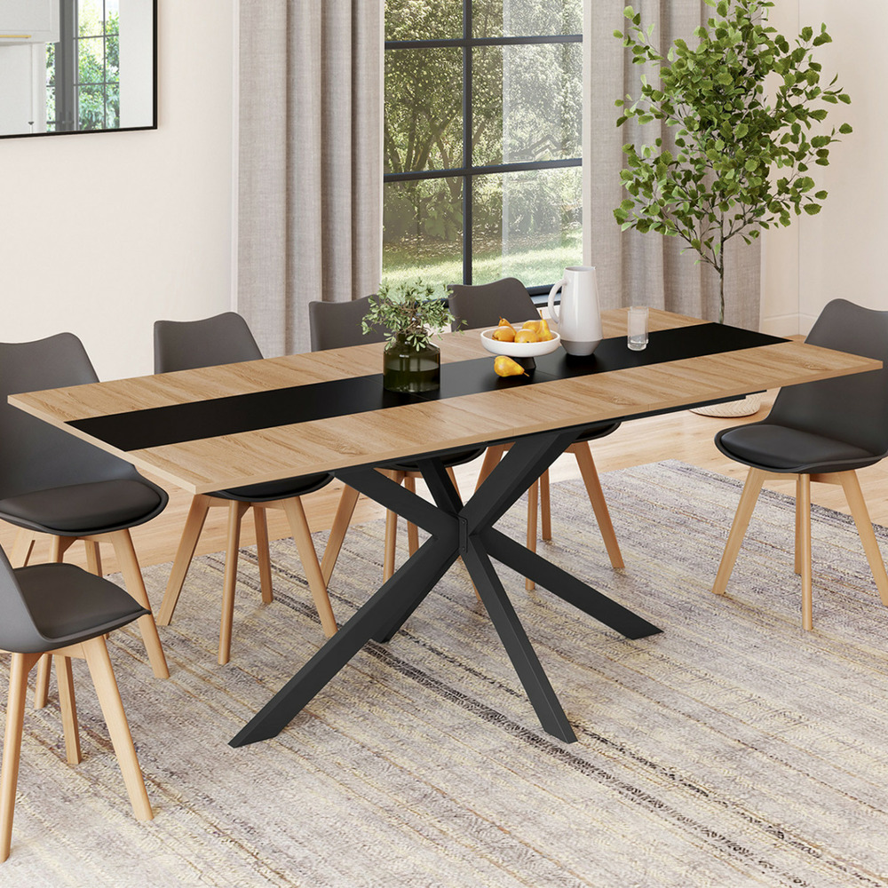 Table à manger extensible rectangle alix 6-10 personnes bois et et bande centrale noire 160-200 cm
