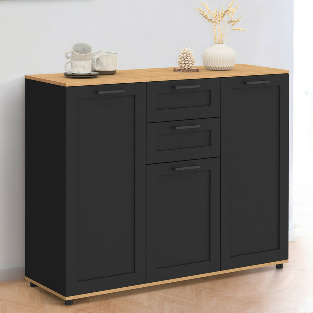 Buffet 100 cm vito 3 portes et 2 tiroirs noir et plateau bois