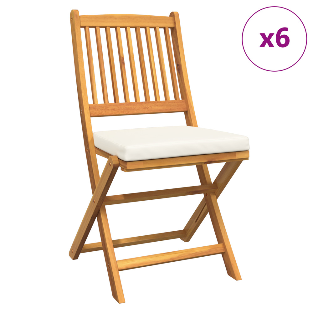 Chaises de jardin pliantes avec coussin blanc 6 pièces en bois d'acacia massif