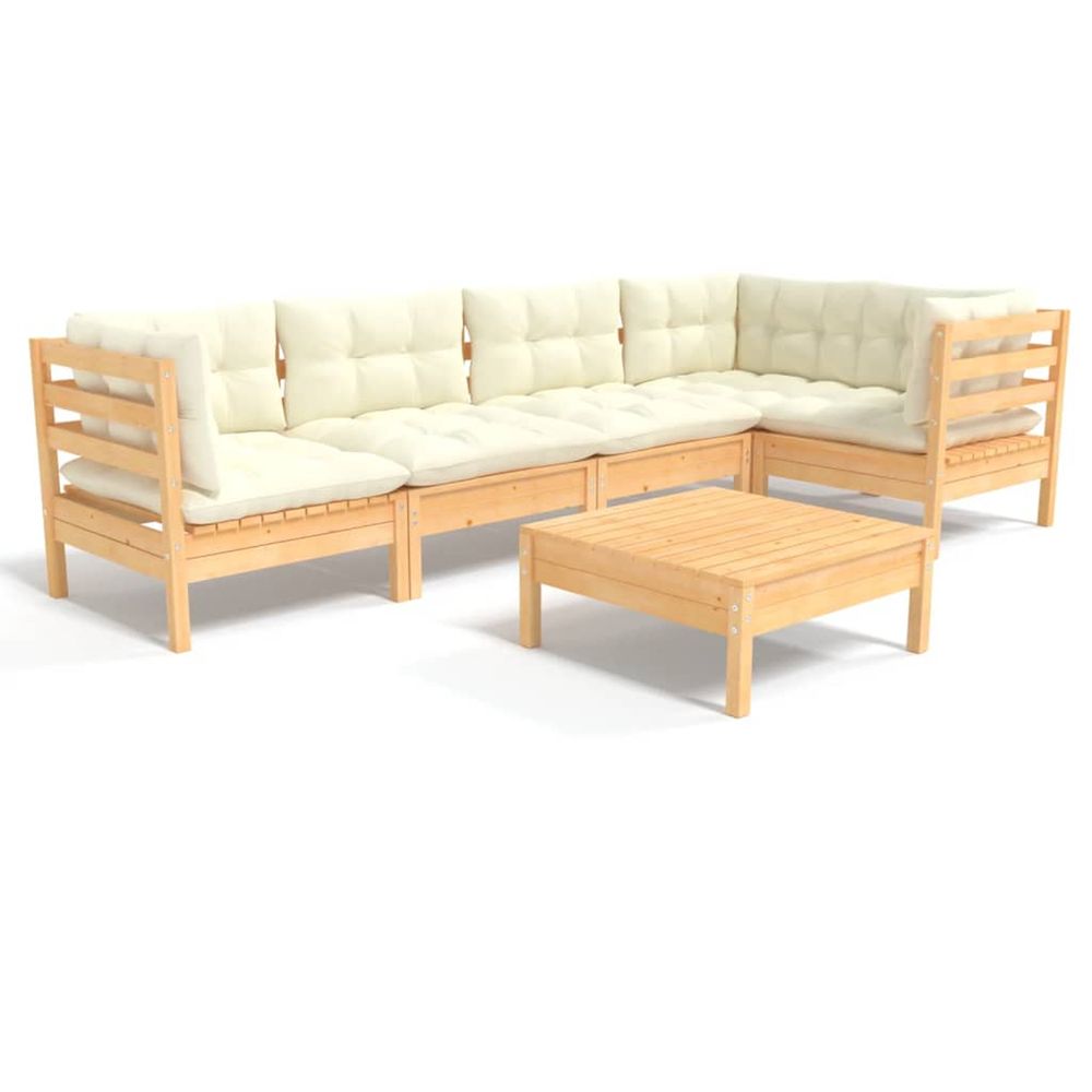 Salon de jardin 6 pcs avec coussins crème bois de pin