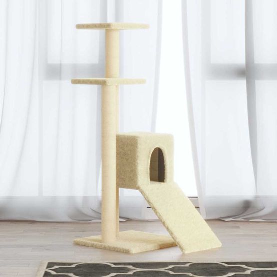 Arbre à chat 92 cm avec rampe griffoir en sisal et niche crème