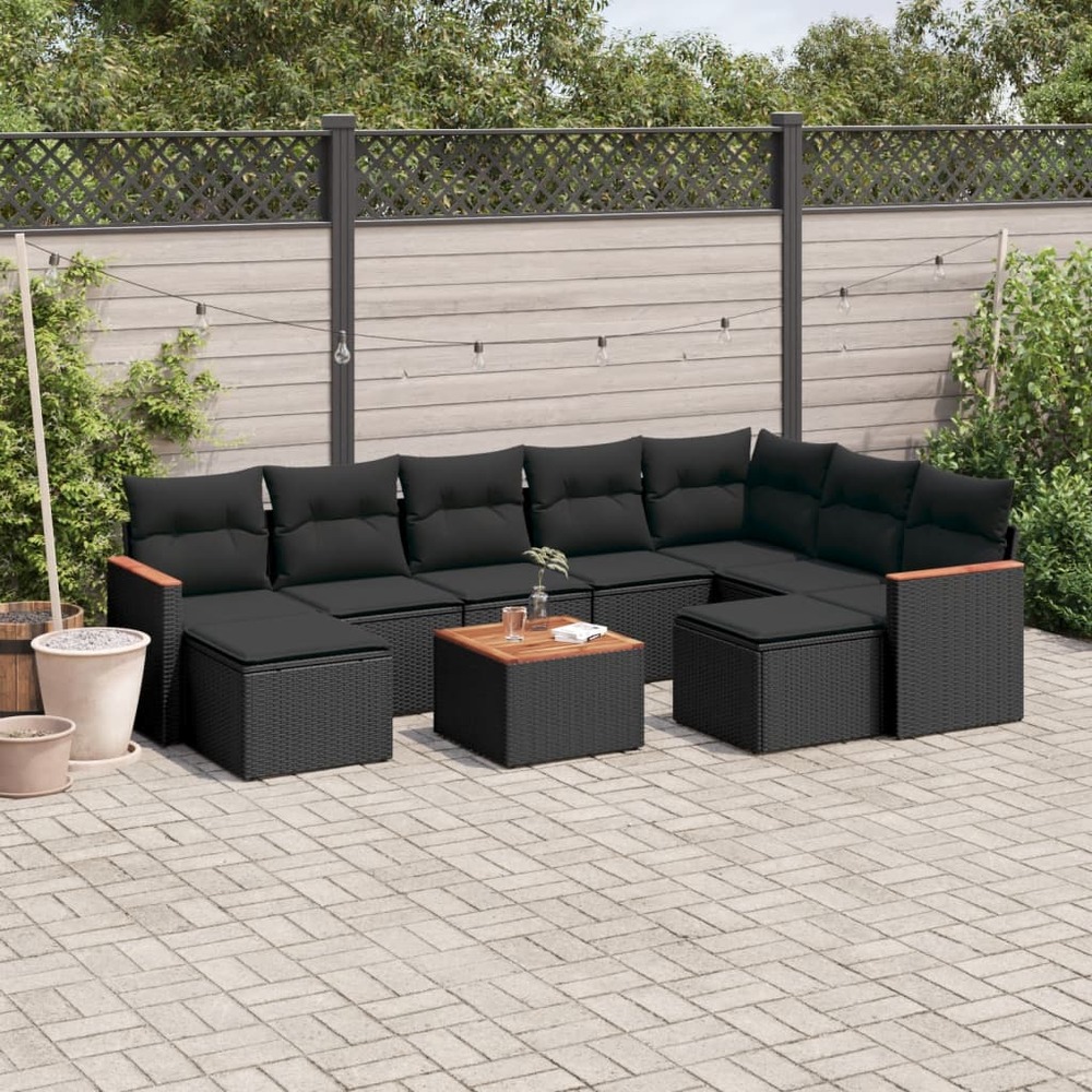 Salon de jardin 10 pcs avec coussins noir résine tressée