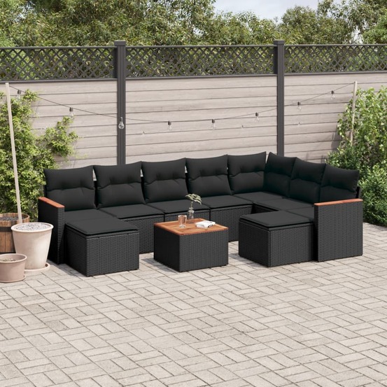 Salon de jardin 10 pcs avec coussins noir résine tressée
