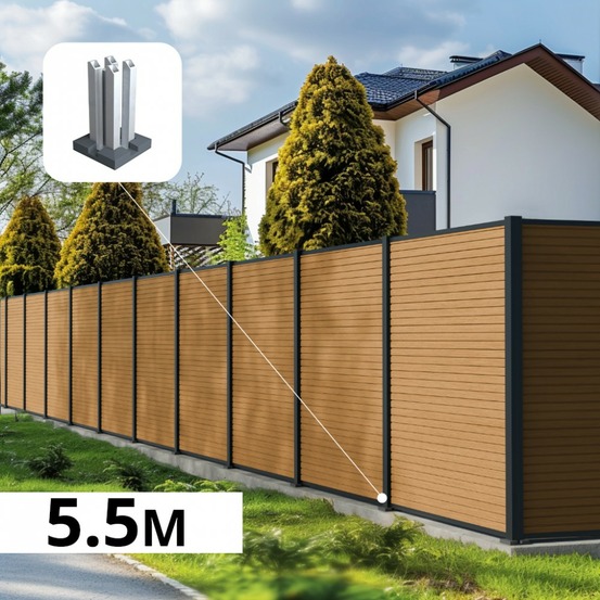 Kit clôture composite poteau sur platines - santos cèdre h-1,8m