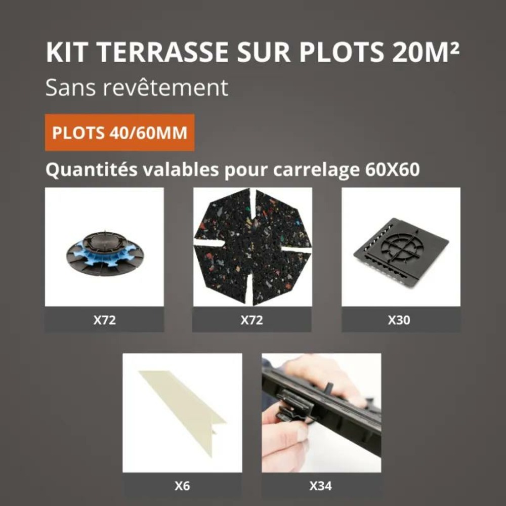 Kit terrasse sur plots sans revêtement 20m² - finition blanc perle - 40/60 mm - jouplast