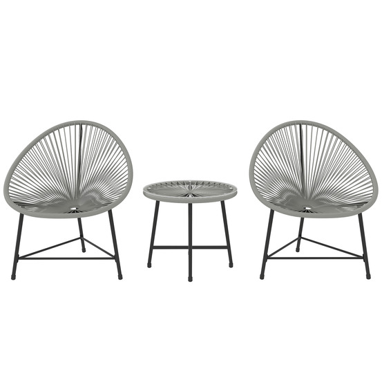 Ensemble de jardin 3 pièces : 2 fauteuils rotin plastique + table verre, cadre acier, gris