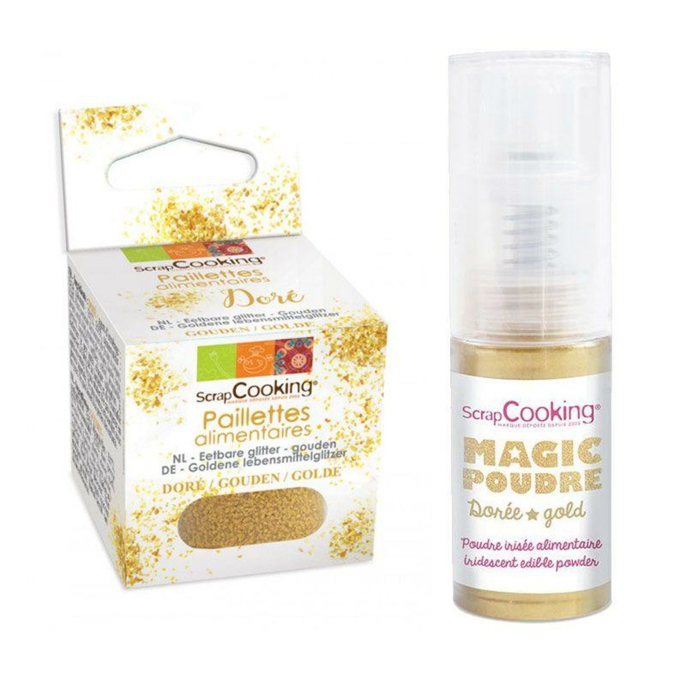 Paillettes alimentaires dorées + poudre irisée dorée