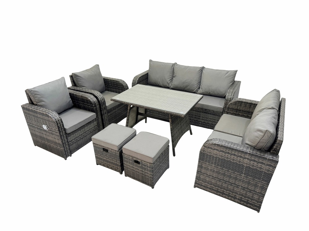 Salon de jardin exterieur 9 places ensemble de canapés en rotin avec table à manger 2 petits tabourets gris foncé mixte