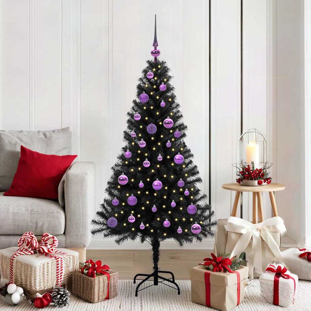 Sapin de noël complet 150cm, design conique noir avec lumières led intégrées et décorations de fête