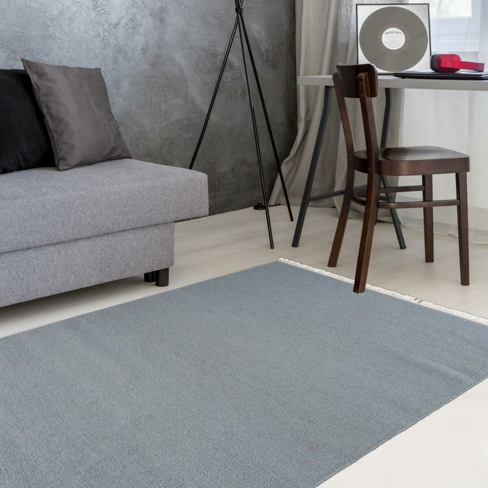 Tapis kilim 80x150 rectangle fait main en laine gris souris motif uni