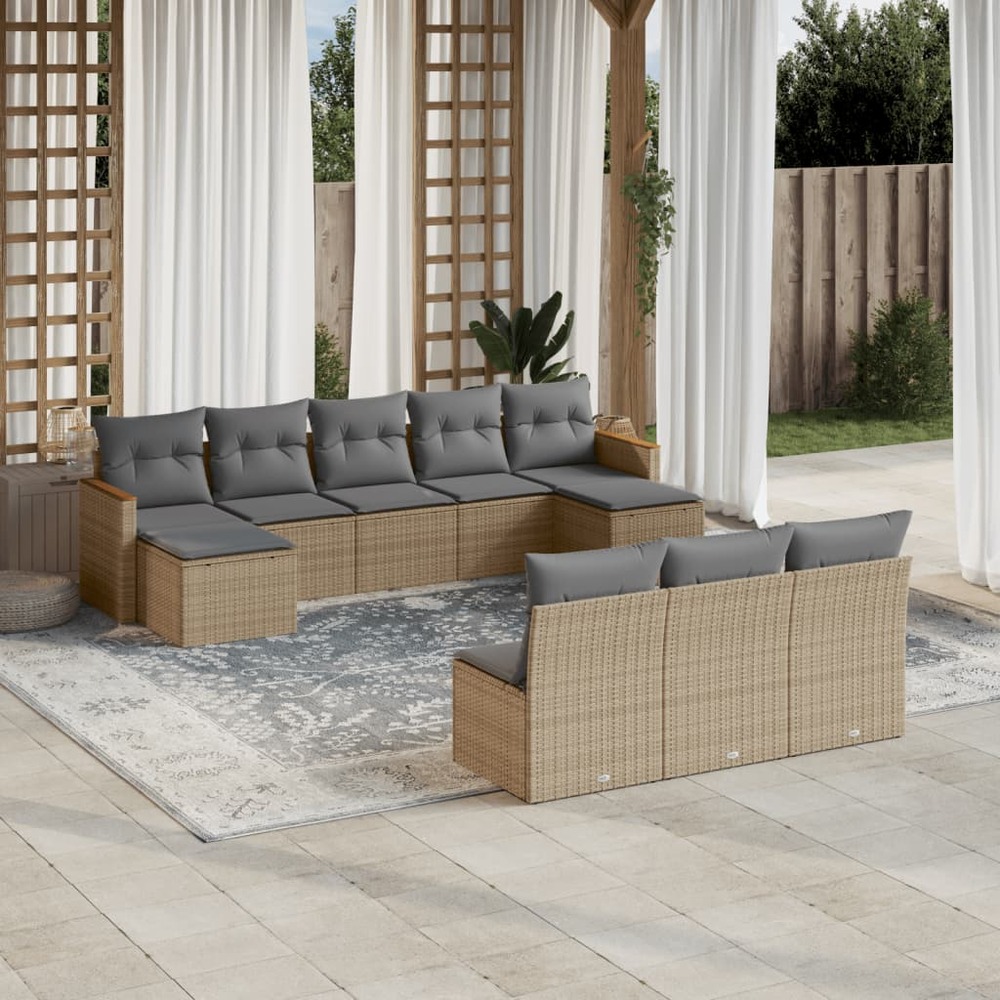 Salon de jardin et coussins 10 pcs mélange beige résine tressée