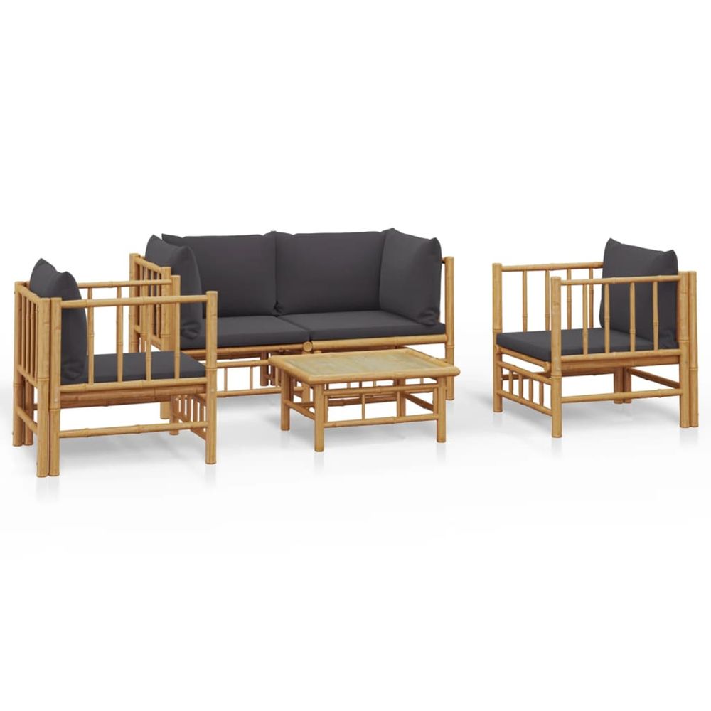 Salon de jardin 5 pcs avec coussins gris foncé bambou