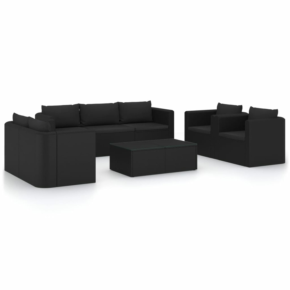 Salon de jardin 9 pcs avec coussins résine tressée noir