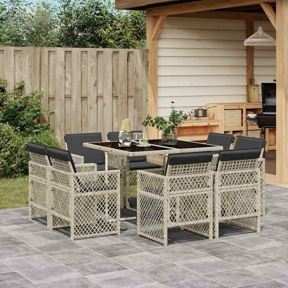 Ensemble à manger de jardin et coussins 9 pcs gris clair rotin