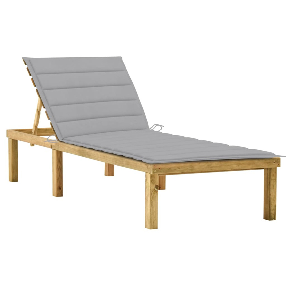 Chaise longue avec coussin gris bois de pin imprégné bain de soleil