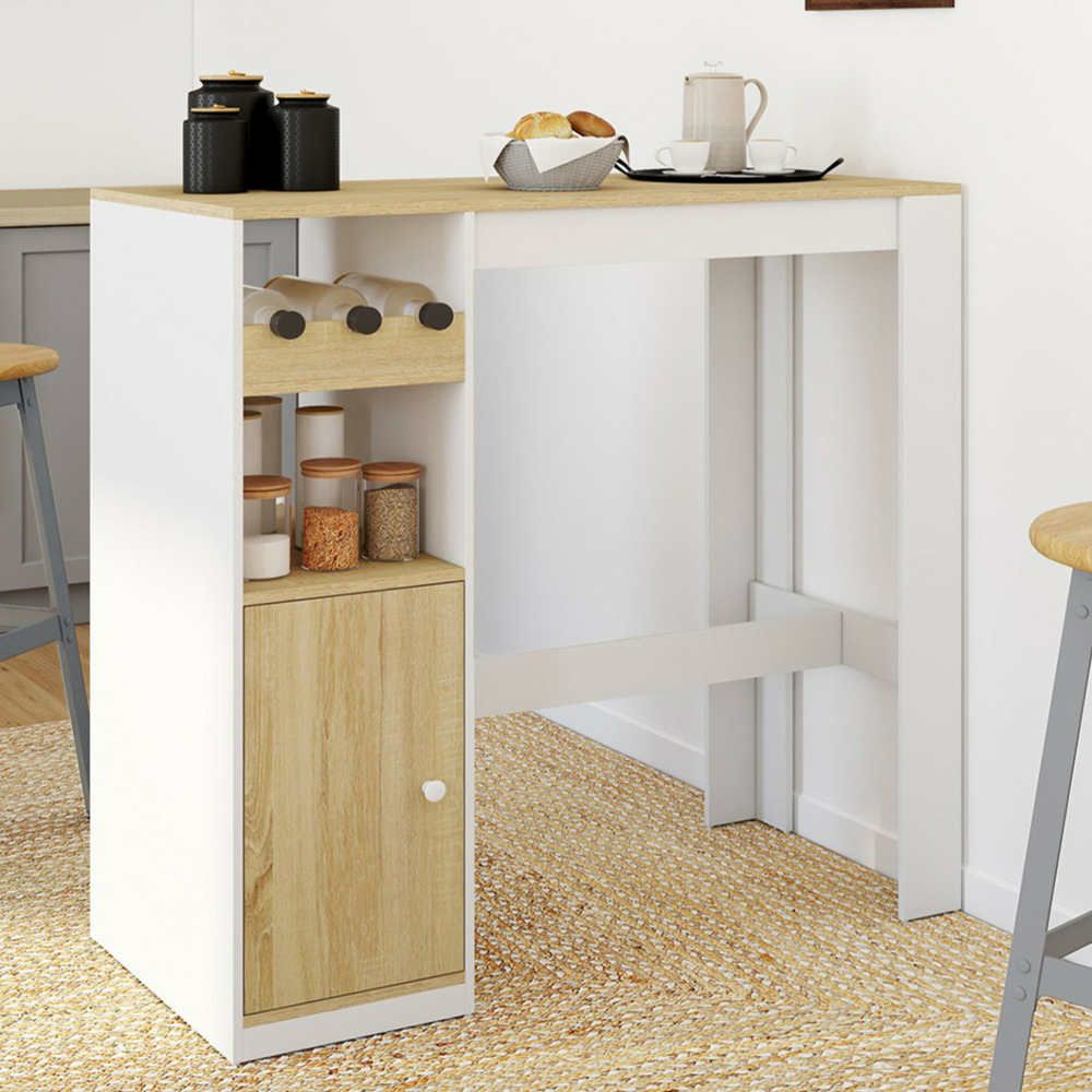 Table de bar ameri avec placard et range bouteilles 2 personnes bois et blanc