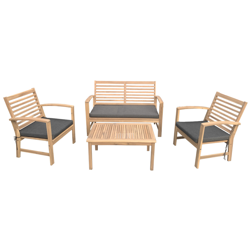 Salon de jardin en acacia 4 places goa - coussins gris
