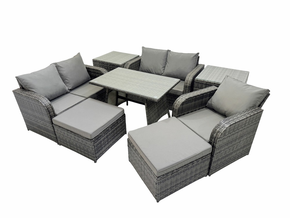 7 places ensemble de meubles de jardin en rotin avec table à manger fauteuil canapé d'amour 2 grand tabourets 2 tables d'appoint