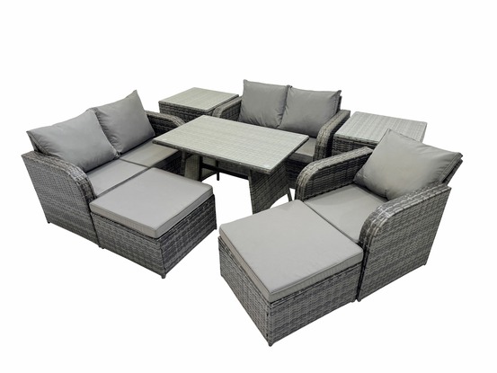 7 places ensemble de meubles de jardin en rotin avec table à manger fauteuil canapé d'amour 2 grand tabourets 2 tables d'appoint