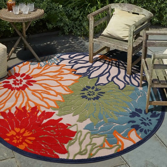 Tapis rond d'extérieur ø150cm tissé kilim bleu et beige chimeka