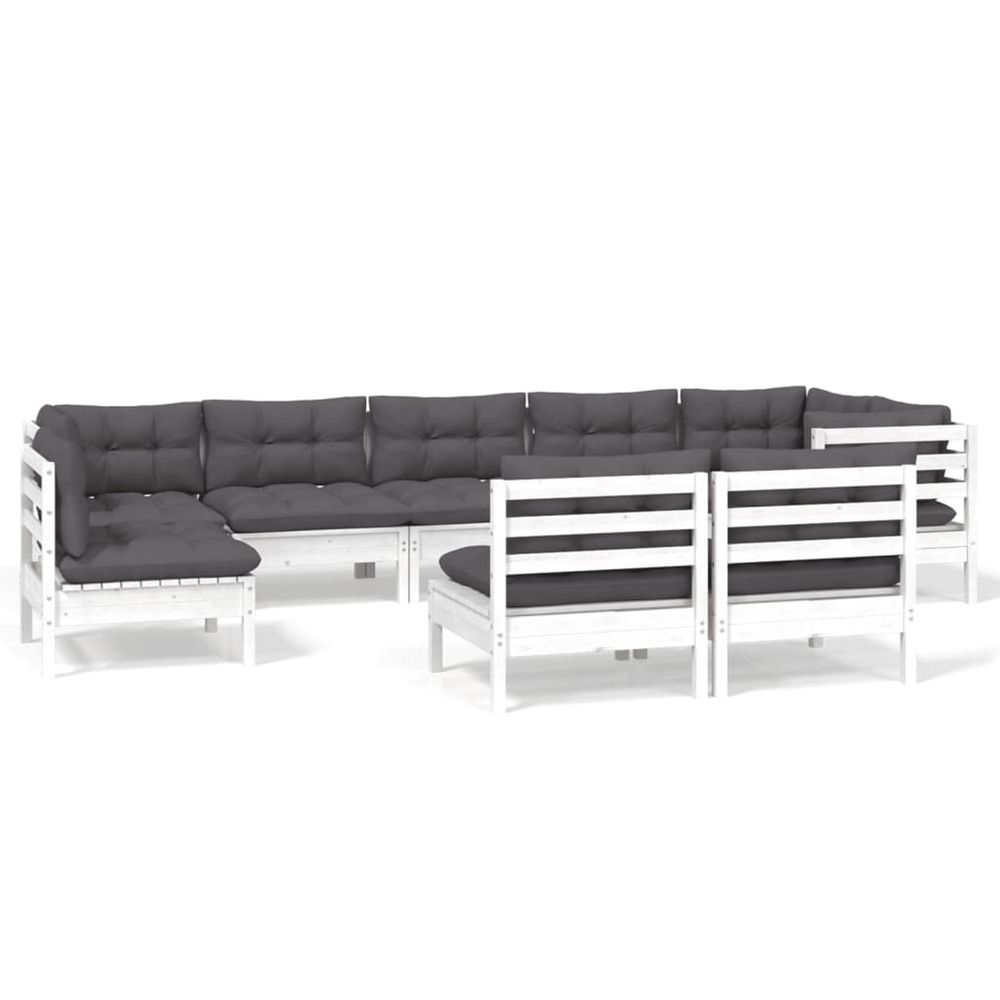 Salon de jardin 9 pcs avec coussins blanc bois de pin massif