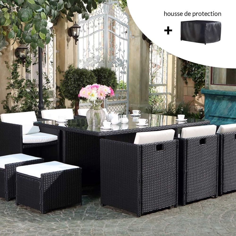 Salon de jardin 10 places noir-blanc + housse de protection miami