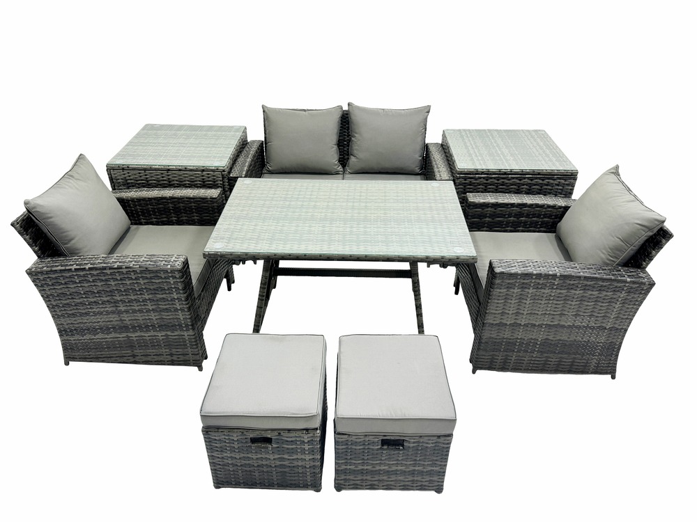 Ensemble de meubles de jardin avec table à manger rectangulaire fauteuil canapé 2 places 2 petits tabourets 2 tables d'appoint