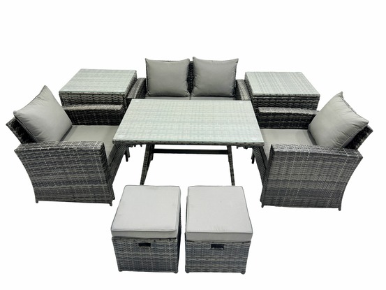 Ensemble de meubles de jardin avec table à manger rectangulaire fauteuil canapé 2 places 2 petits tabourets 2 tables d'appoint