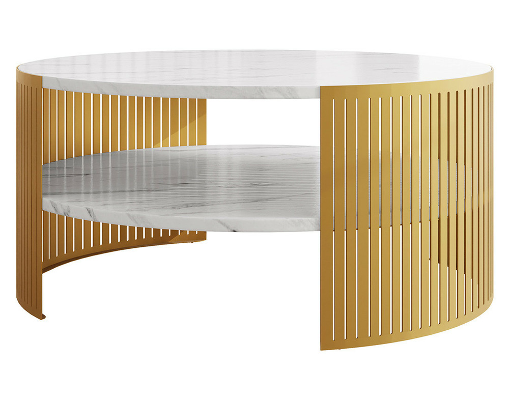 Cruz - table basse ronde - effet marbre blanc et doré - 1 niche - 75 cm