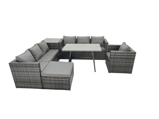 8 places ensemble de canapé en rotin extérieur avec table à manger fauteuil grand tabouret table d'appoint gris foncé mixte