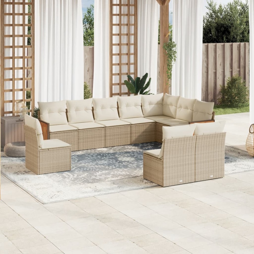 Salon de jardin avec coussins 10 pcs beige résine tressée