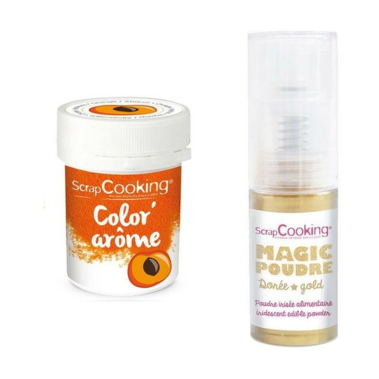 Colorant alimentaire orange arôme abricot + poudre alimentaire irisée dorée