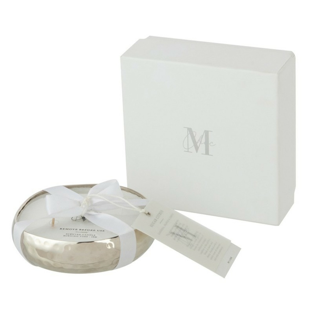 Bougie parfumée dans pot argenté 12x12x3.5 cm