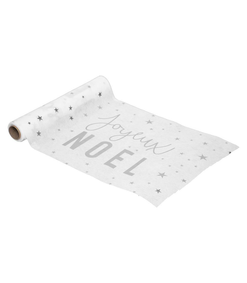 Chemin de table tissu blanc imprimé joyeux noël argenté 28 x 500 cm