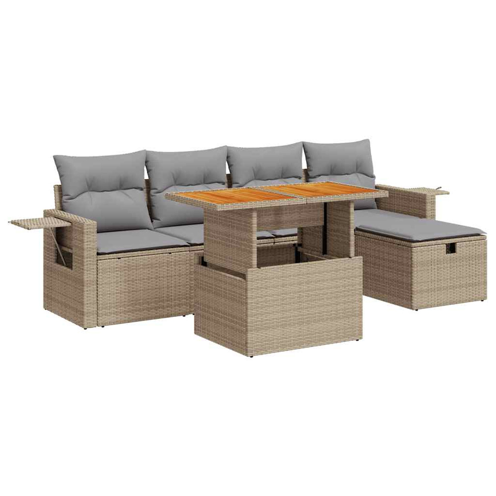 Salon de jardin 6 pcs avec coussins beige résine tressée acacia