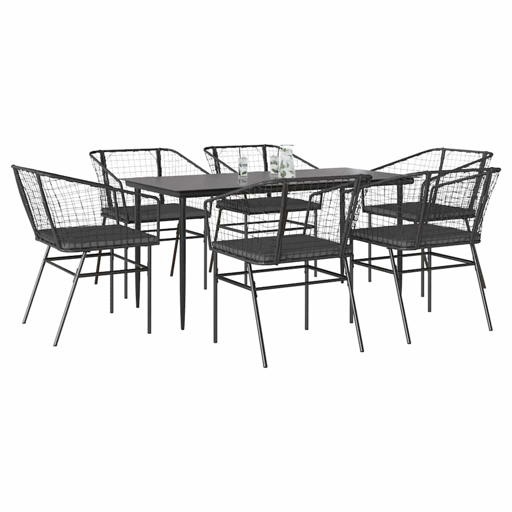 Ensemble à manger de jardin coussins 7pcs noir poly rotin verre