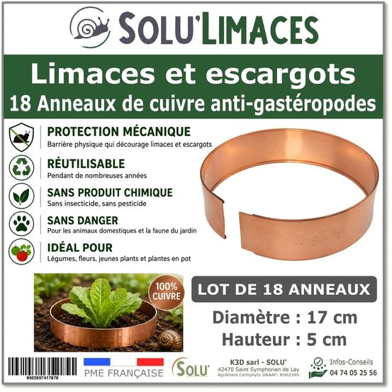 18 anneaux de cuivre anti-limaces et escargots solu'limaces - 17 cm - protection des salades, fraisiers, aromatiques, potager