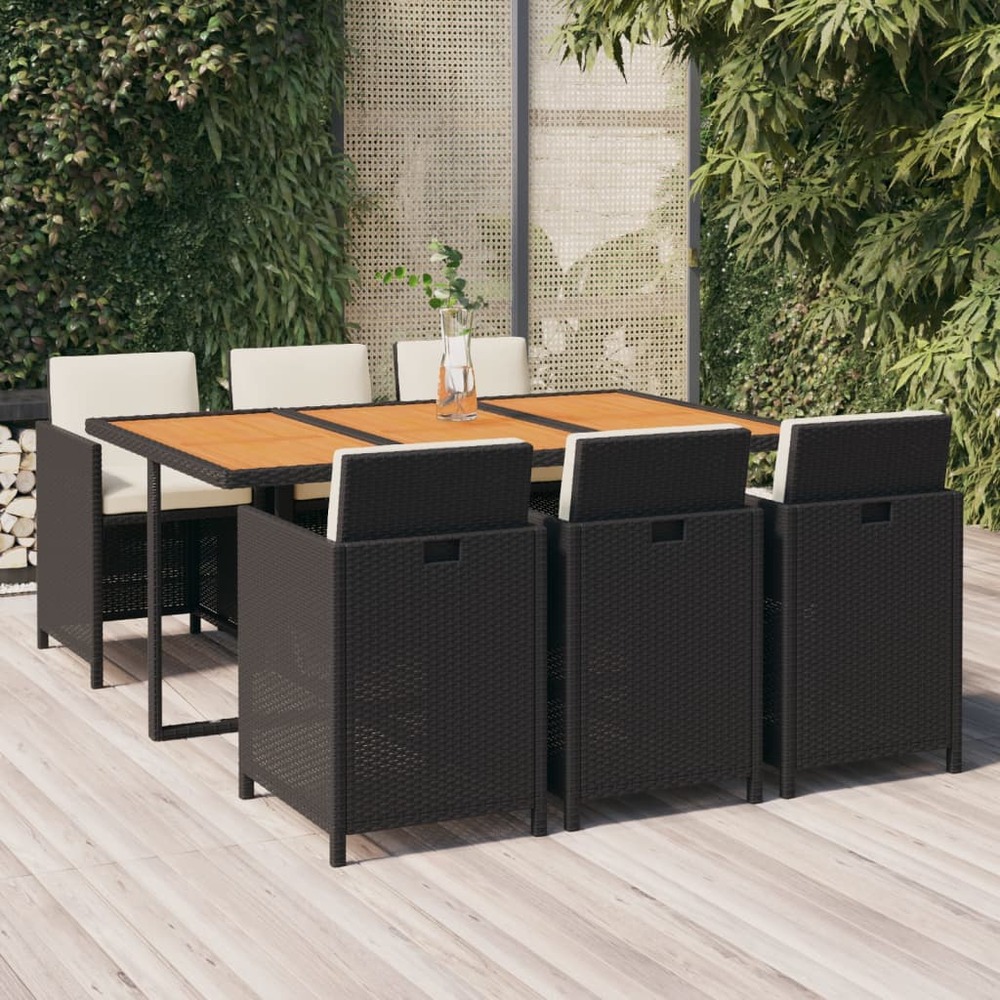 Ensemble à manger de jardin coussins 7pcs résine tressée noir