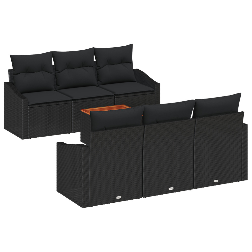 Ensemble de canapés de jardin 7 pièces avec coussins noir rattan poly acacia