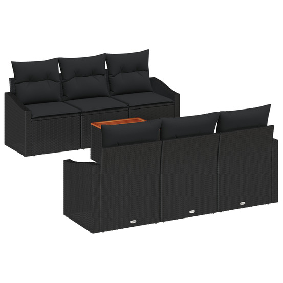 Ensemble de canapés de jardin 7 pièces avec coussins noir rattan poly acacia