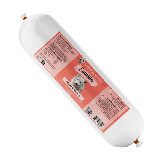 Saucisse fraîche au poulet saumon pour chien et chiot – aliment complet – cuisson vapeur – sans céréales – 800 g