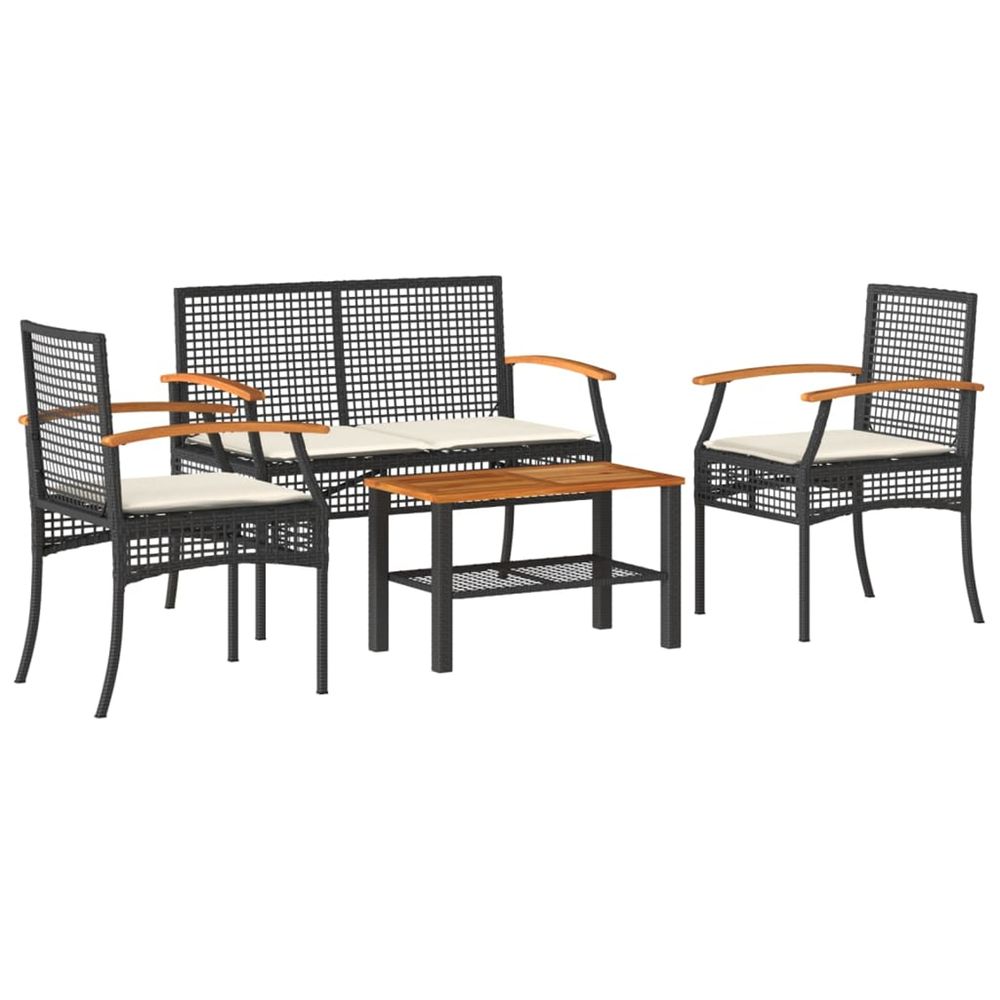 Salon de jardin 4 pcs avec coussins noir résine tressée