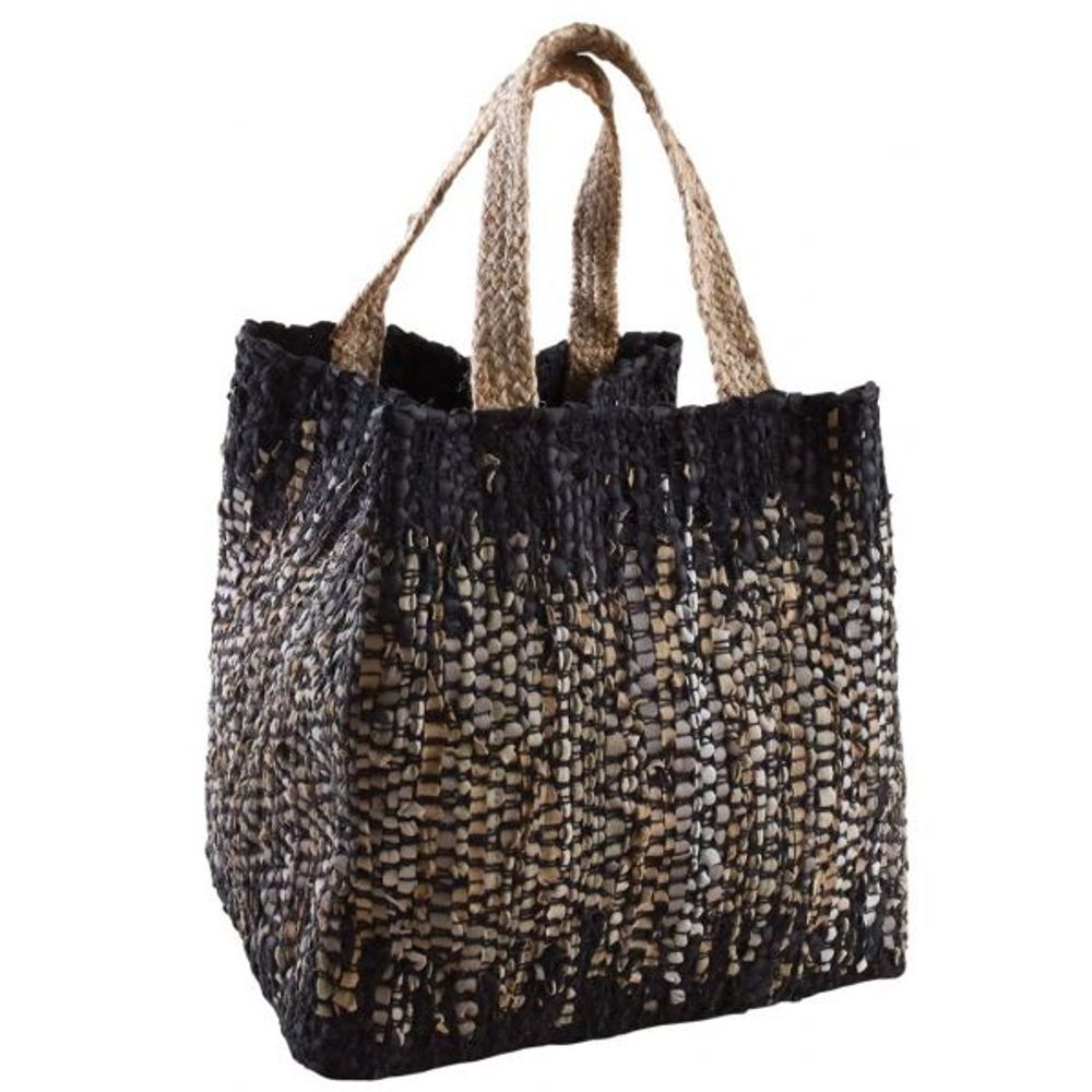 Sac de rangement en jute et cuir noir