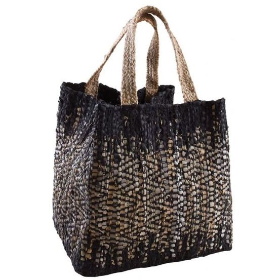 Sac de rangement en jute et cuir noir