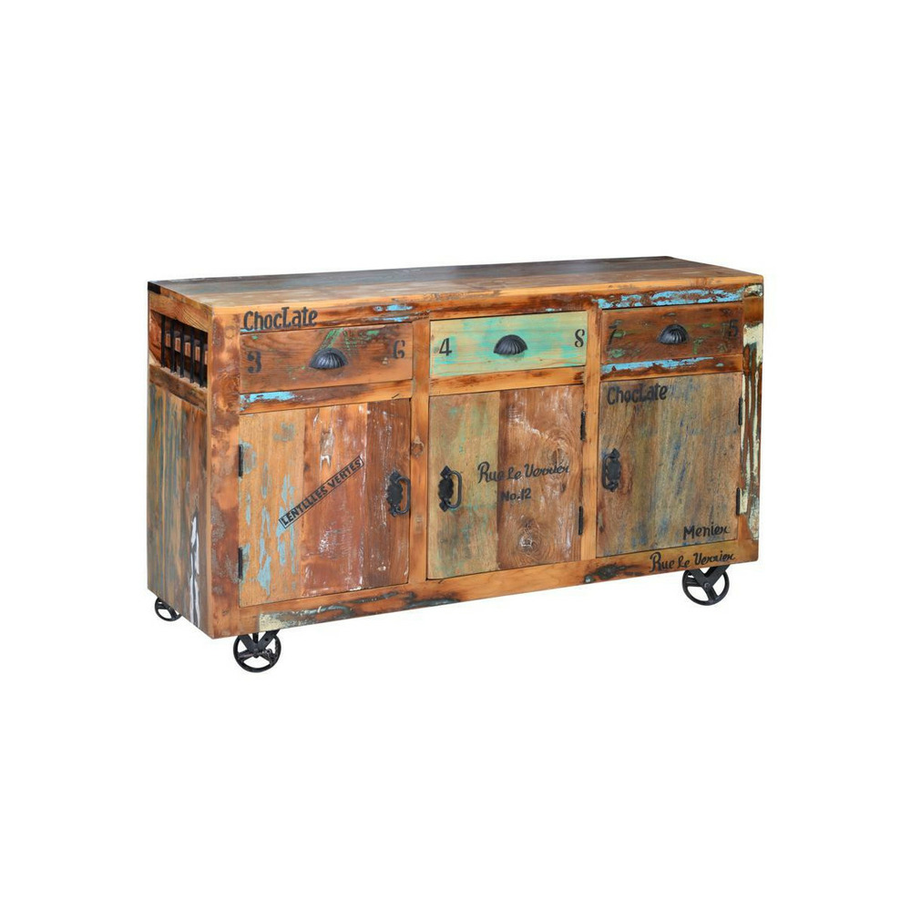 Buffet 3 tiroirs bois-fer marron - rosalia décoration d'autrefois