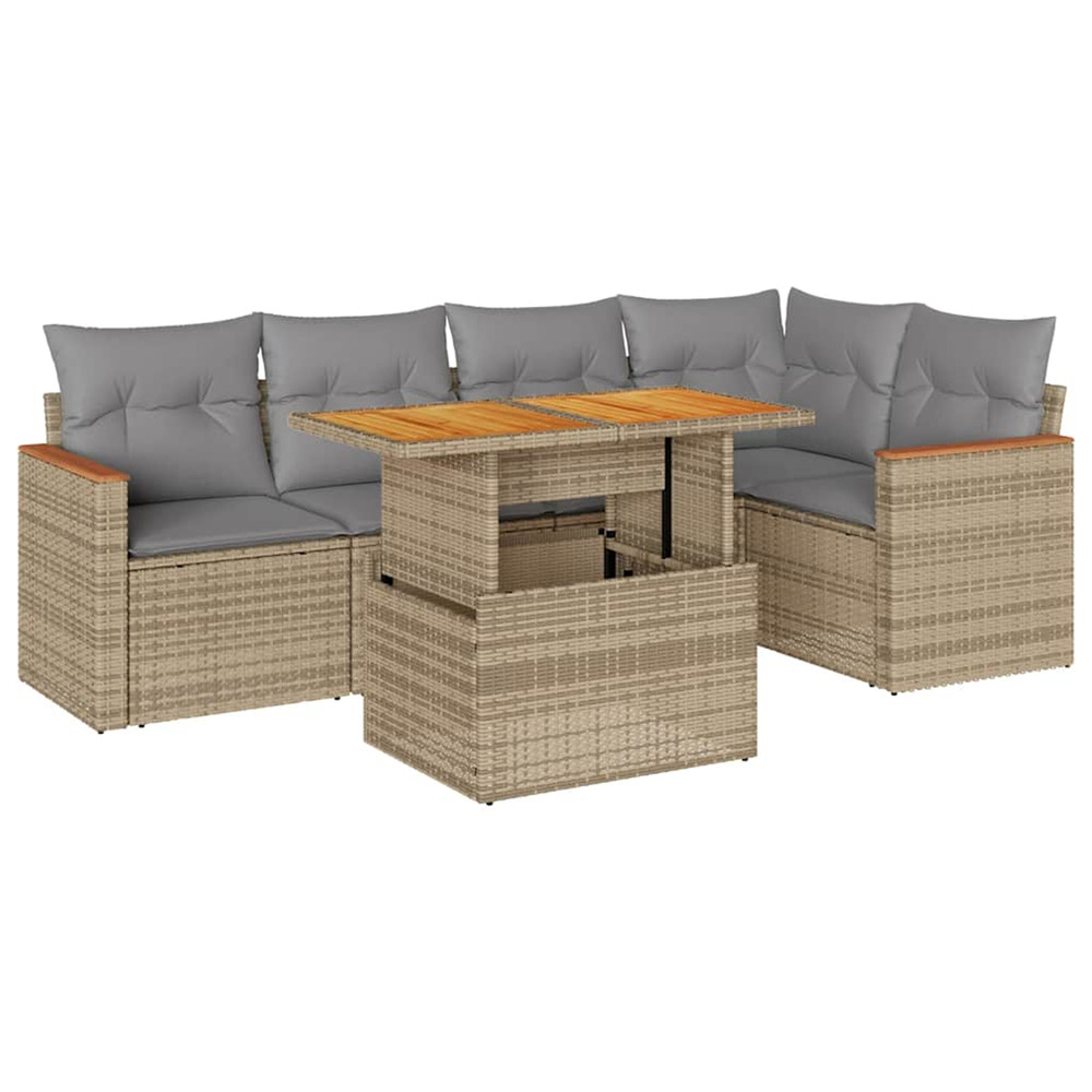 Salon de jardin 6 pcs avec coussins beige résine tressée acacia